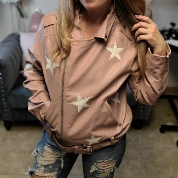 Zenana Vegan Leather Star Patch Belted Moto Jacket Blush or Brown Color Choices - Picture 2 of 2
